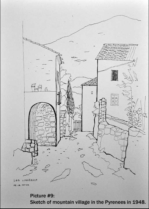 Sketch of mountain village in the Pyrenees in 1948.